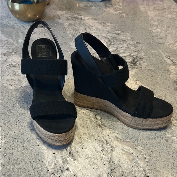 Tory Burch Black and Tan Wedge Sandals - Picture 9 of 12